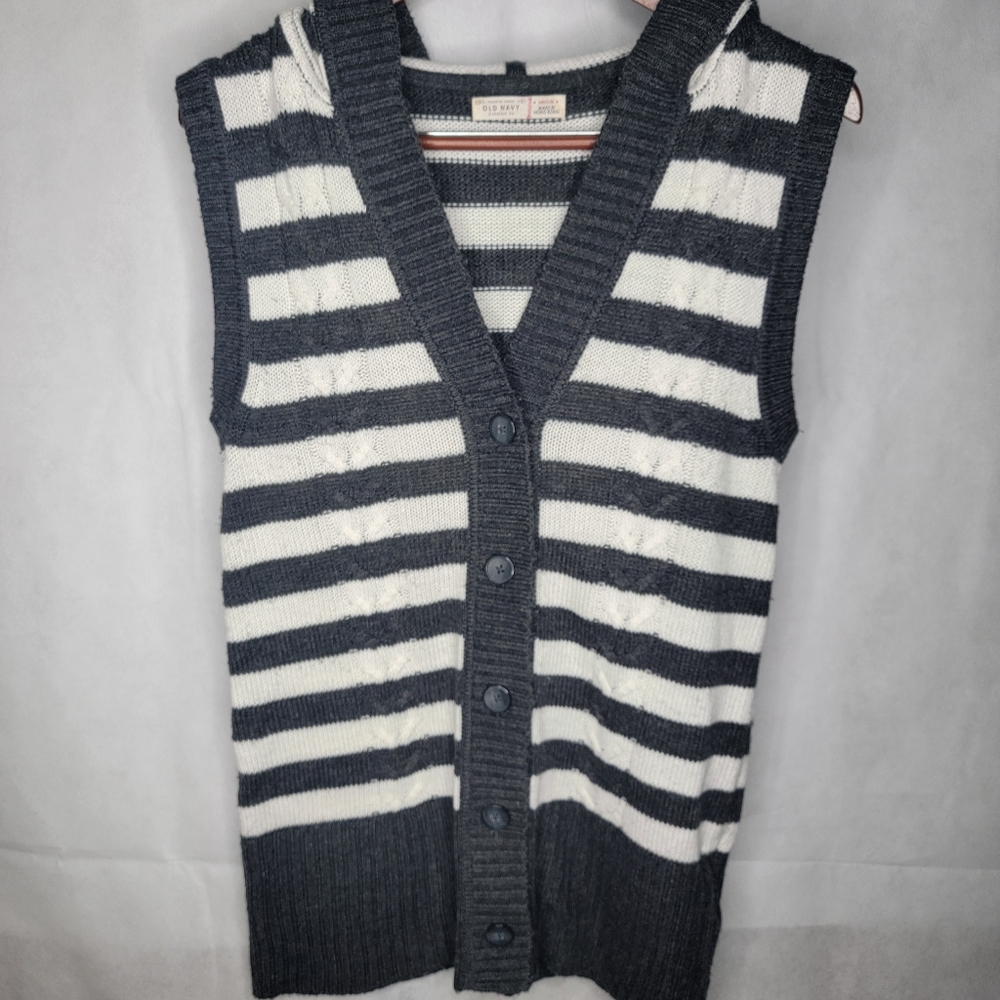 Old Navy Hooded Sweater Vest Gray White Stripe Retro Y2K Preppy Academia M